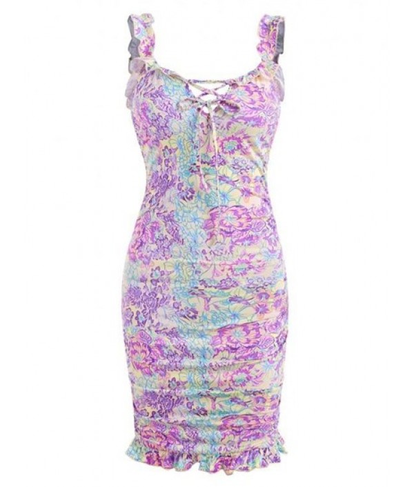 Cami Abstract Print Lace Trim Bustier Slinky Dress