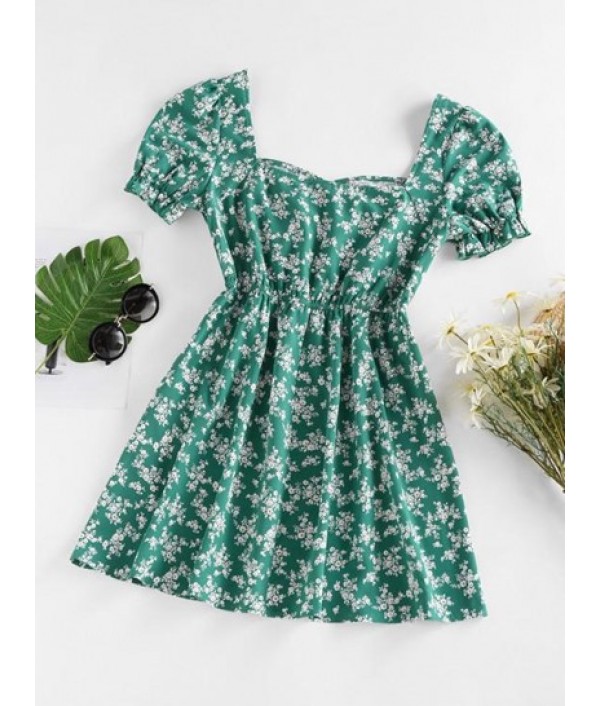 Floral Keyhole Bowknot Puff Sleeve Dress