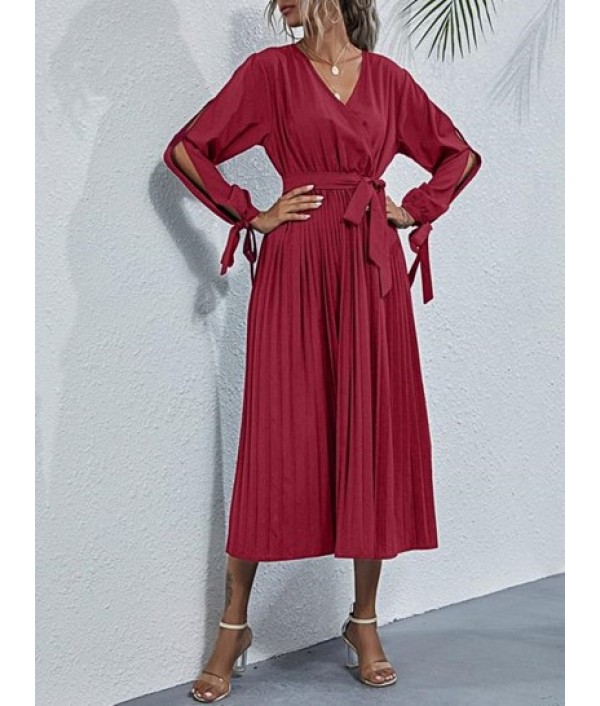 Ruched Front Slit Ribbed Long Sleeve Midi Dress