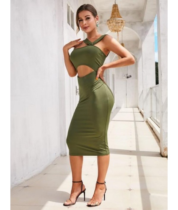 Ruched Foil Back Slit Bodycon Dress