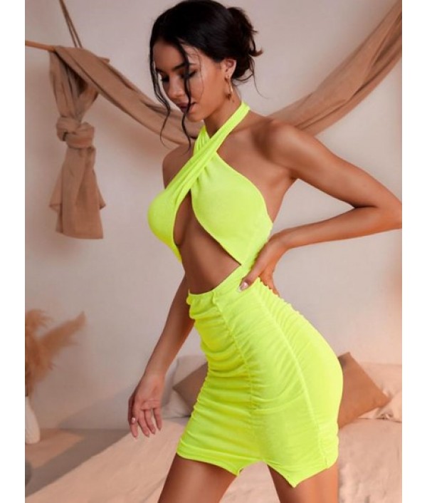 Halter Cold Shoulder Jersey Neon Slinky Dress