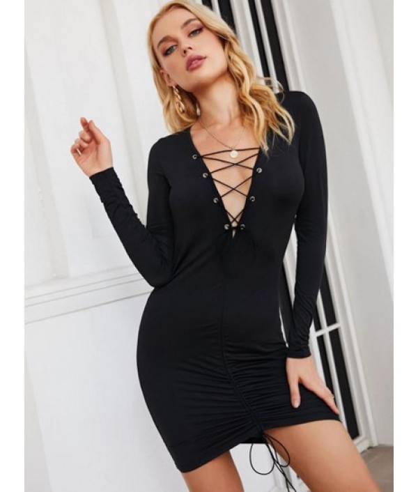 Off Shoulder Cutout Puff Sleeve Tie Dress